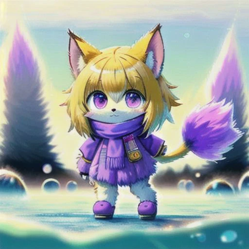 ral-fluff,<lora:ral-fluff:1>,
chibi,masterpiece,best quality,original,official art,maincoon cat,purple scarf,grass,blurred background,cartoon rendering,beautiful detailed glow,(detailed ice),beautiful detailed water,and I want the Disney Pixar style in a white background painted by watercolor 3DAnimationStyle,