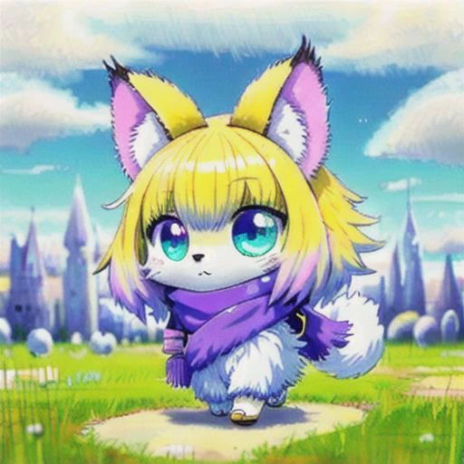 ral-fluff,<lora:ral-fluff:1>,
chibi,masterpiece,best quality,original,official art,maincoon cat,purple scarf,grass,blurred background,cartoon rendering,beautiful detailed glow,(detailed ice),beautiful detailed water,and I want the Disney Pixar style in a white background painted by watercolor 3DAnimationStyle,