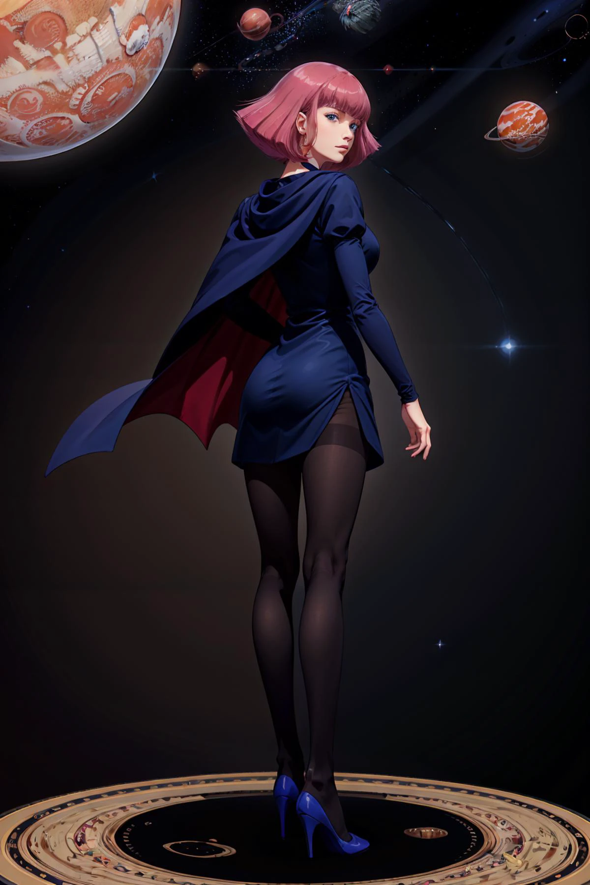 masterpiece, high quality, solo, looking back,
haman_karn,1woman, pink hair, short hair, sidelocks, bangs, eyebrows, blue eyes,
collarbone, cape, black dress, puff sleeves, long sleeves, juliet sleeves, pantyhose, heels,
standing in outer space, one hand on hip, detailed background, planets, stardust, (floating hair, outdoors, wind:1.2) <lora:hamankarn056:0.5> <lora:Planets_LoRA:1>