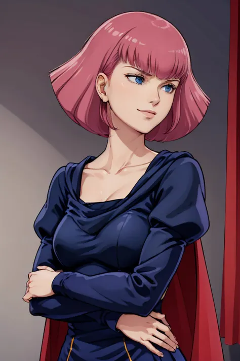 masterpiece, high quality, solo, looking down, low angle shot
haman_karn,1woman, evil smile, pink hair, short hair, sidelocks, bangs, eyebrows, blue eyes,
collarbone, cape,black dress, puff sleeves, long sleeves, juliet sleeves,
upper body, standing, (crossed arms:1.2), stylish pose, detailed background, high class hotel room <lora:hamankarn056:0.5>