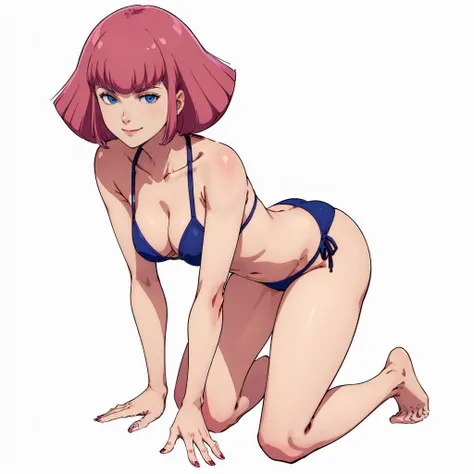 <lora:hamankarn056:0.5>,(white background:1.5),solo,
haman_karn,1woman,
pink hair,short hair,sidelocks,bangs,eyebrows,blue eyes,
bikini,
smile,full body,leaning forward,kneeling,