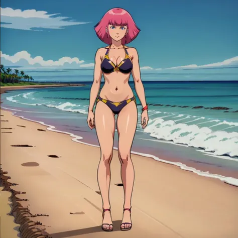 masterpiece,high quality,solo,
<lora:hamankarn064:0.7>,
hamankarn,1girl,
short hair,pink hair,sidelocks,bangs,blue eyes,
bikini,
full body,standing,beach,