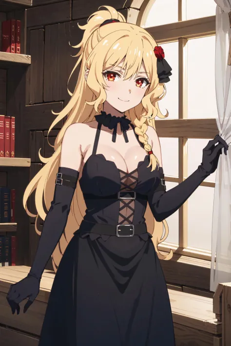 best quality, (masterpiece:1.2), detailed, medieval,
<lora:chara_Rokuaka_CelicaArfonia_v1:0.8>, Celica Arfonia,
1girl, solo, closed mouth, smile,
long hair, blonde hair, red eyes, braid, red rose,
black dress, choker, black ribbon, cleavage, detached sleeves, medium breasts,
standing, looking at the viewer,
indoors