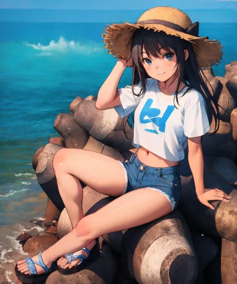 highly detailed,
portrait, solo focus, focus on girl,
tetrapod,
1girl, sitting on tetrapod,
t-shirt, denim short shorts, sandals,
straw hat, navel,
<lora:tetrapod:1.0>