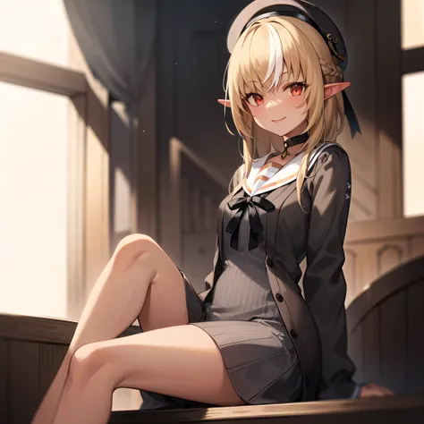 2d, masterpiece, best quality, anime, highly detailed face, highly detailed eyes, highly detailed background, perfect lighting, full body, feet out of frame, 1girl, solo, shiranui flare, dark elf, grey dress, black cardigan, black ribbon, beret, sailor collar, french braid, striped, choker, smile, medium hair, long bangs <lora:shiranui flare:0.8>