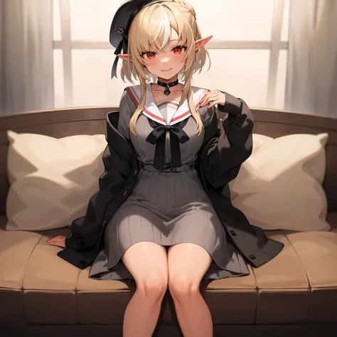 2d, masterpiece, best quality, anime, highly detailed face, highly detailed eyes, highly detailed background, perfect lighting, full body, feet out of frame, 1girl, solo, shiranui flare, dark elf, grey dress, black cardigan, black ribbon, beret, sailor collar, french braid, striped, choker, smile, medium hair, long bangs <lora:shiranui flare:0.8>