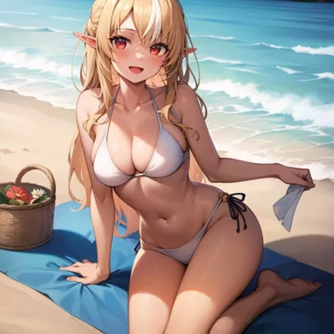 2d, masterpiece, best quality, anime, highly detailed face, highly detailed eyes, highly detailed background, perfect lighting, full body, feet out of frame, 1girl, solo, shiranui flare, dark elf, white bikini, o-ring bikini, :d, sitting, beach, towel, waves, island <lora:shiranui flare:0.8>