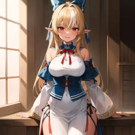 2d, masterpiece, best quality, anime, highly detailed face, highly detailed eyes, highly detailed background, perfect lighting, cowboy shot, 1girl, solo, shiranui flare, dark elf, white dress, detached sleeves, red ribbon, neck ribbon, long hair, blue bow, hair bow, smile <lora:flare-20:0.8>