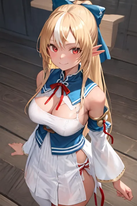 masterpiece, best quality, anime, highly detailed face, highly detailed eyes, highly detailed background, perfect lighting, cowboy shot, 1girl, solo, shiranui flare, dark elf, white dress, detached sleeves, red ribbon, neck ribbon, long hair, blue bow, hair bow, smile,from above, <lora:shiranuiFlareHololive_v1:0.8>