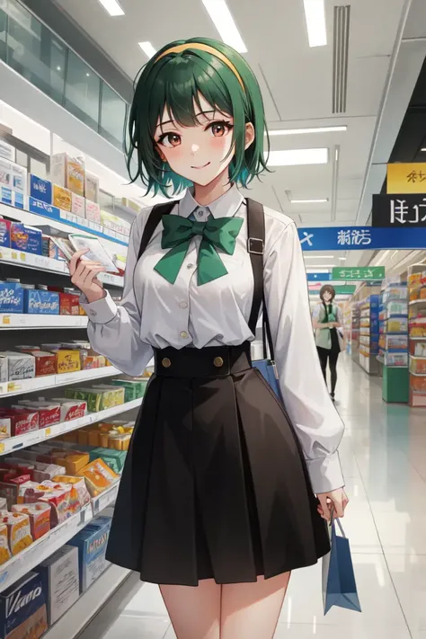 masterpiece, best quality, absurdres, perfect antomy, 1girl, solo, Otonashi Kotori, short hair, hairband, high-waist skirt, long skirt, white skirt, black shirt, long leeves, smile, standing, indoors, shopping mall