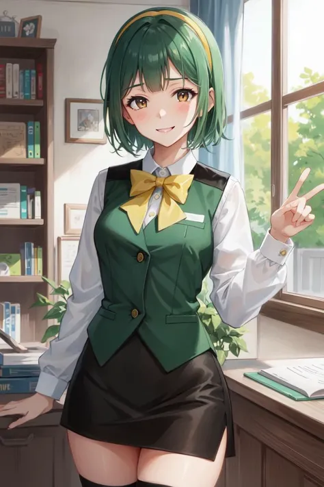 masterpiece, best quality, absurdres, perfect antomy, 1girl, solo, Otonashi Kotori, short hair, hairband, thighhighs, black skirt, pencil skirt, yellow bowtie, white shirt, green vest, standing, cowboy shot, smile