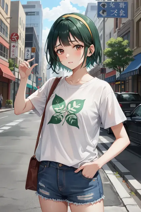masterpiece, best quality, absurdres, perfect antomy, 1girl, solo, Otonashi Kotori, short hair, hairband, graphic tee, denim shorts, standing, outdoors, city, hands in pockets