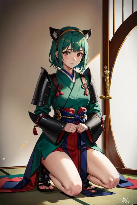 best quality, masterpiece,
<lora:otonashiKotoriIdolm_v10:1>,Otonashi Kotori,
japanese armor, green armor, kneeling, samurai, samurai armor,