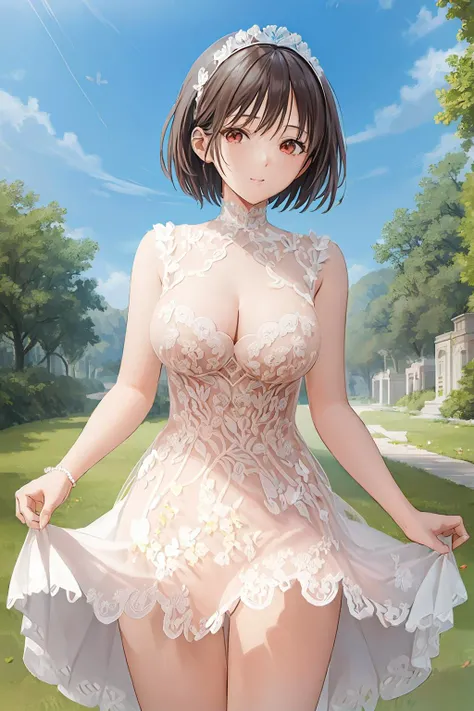 ((((ultra illustrated style:1.0)))),best quality,best animated,masterpiece,ray tracing, global illumination,white lace,head, I-type Valley,cleavage,1girl, solo, standing, outdoors, cowboy shot,looking at viewer,dress, <lora:Hoshizaki Ao_07:0.5> <lora:I-type Valley:0.5> <lora:white lace:0.8>