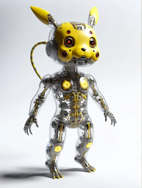 cyborg Pikachu with transparent skin, full body, white skeleton, cords, photo