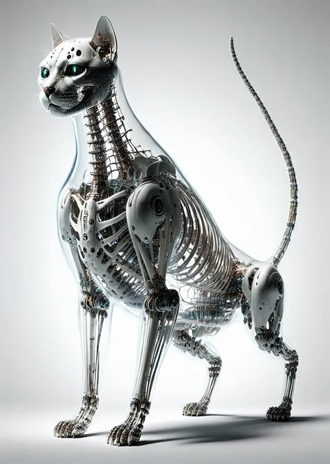 cyborg cat with transparent skin, full body, white skeleton, photo, <lora:transparent_cyberdog:1>