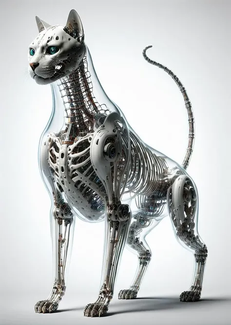 cyborg cat with transparent skin, full body, white skeleton, photo, <lora:transparent_cyberdog:1>