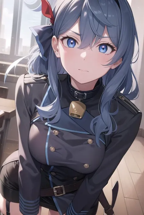 (Explicit content warning) [(masterpiece: 1.1, Highest quality: 1.1), Shy in uniform shows off, emphasize, panties, thin, Slightly 0.8. Blue Hair, Wet,