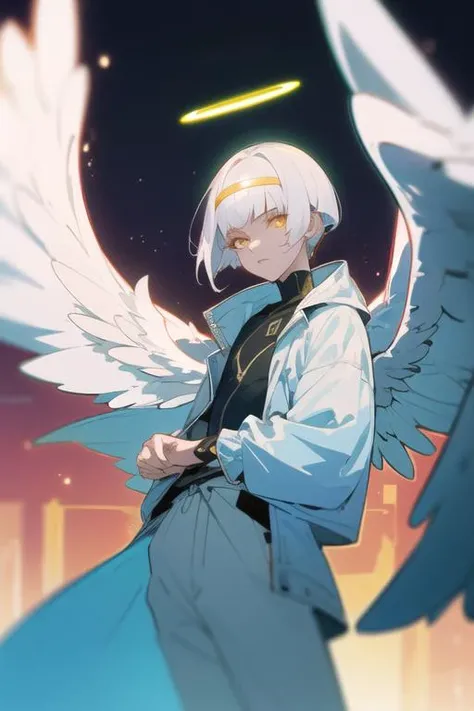 masterpiece, best quality, ultra-detailed, illustration, ((Masterpiece)), ((High resolution)), ((Fine detail)), (High-definition CG), high contrast, HDR, (official art), 1boy, solo, male focus, looking at viewer, , depth of field, <lora:revel_platinum_end:0.64>, revel_platinum_end, yellow eyes, white hair, wings, halo, angel, angel wings, jacket
