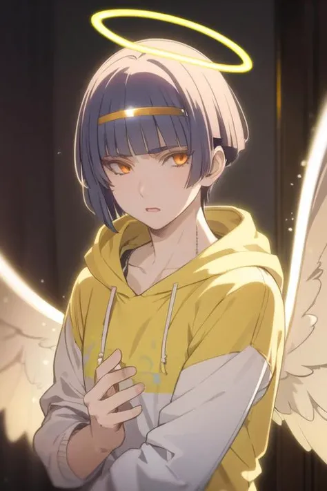 masterpiece, best quality, ultra-detailed, illustration, ((Masterpiece)), ((High resolution)), ((Fine detail)), (High-definition CG), high contrast, HDR, (official art), 1boy, solo, male focus, looking at viewer, upper body, , <lora:revel_platinum_end:0.72>, revel_platinum_end, , wings, halo, angel, angel wings, hoodie