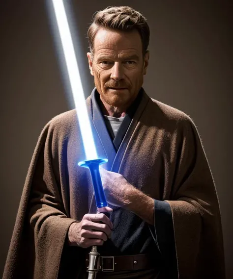 A perfect photo of bryancranston dressed as jedi knight,no helmet,intricate details, lens flare, intricate detailed face, 4k, 8k, hdr  <lora:bryancranston:1>