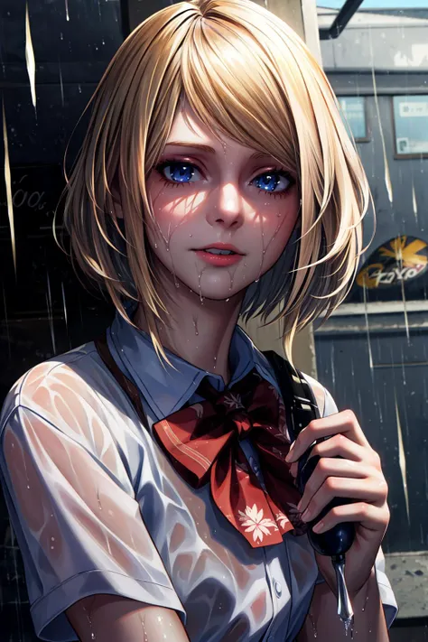 1girl, re4ashley, blonde hair, <lora:sxz-ashley-graham:0.7>, school uniform, wecl, see-through, wet, wet hair, rain,  looking at viewer, beautiful detailed face, <lyco:wet clothes:0.6>, <lora:add_detail:0.5>, ((masterpiece)), (best quality), 8k, ultra-detailed, absurdress IVE detailed facial features, octane render