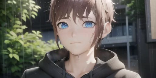 ((Masterpiece, Best Quality, 8k, best quality face, beautiful eyes)), ArnasAtakiyo, solo, frown, blue eyes, detailed background, brown hair, 1boy, male focus, closed mouth, short hair, outside background, blushing, looking at viewer, upper body, cute pose, black hoodie, wet, downpour, (rain:1.2), Wet clothes, Rainclouds ,Rainfall ,Rainy weather, Soaked, see-through, wet hair, wecl, tears<lora:Arnas_Atakiyo_NEW:0.55><lora:wet clothes:0.7>