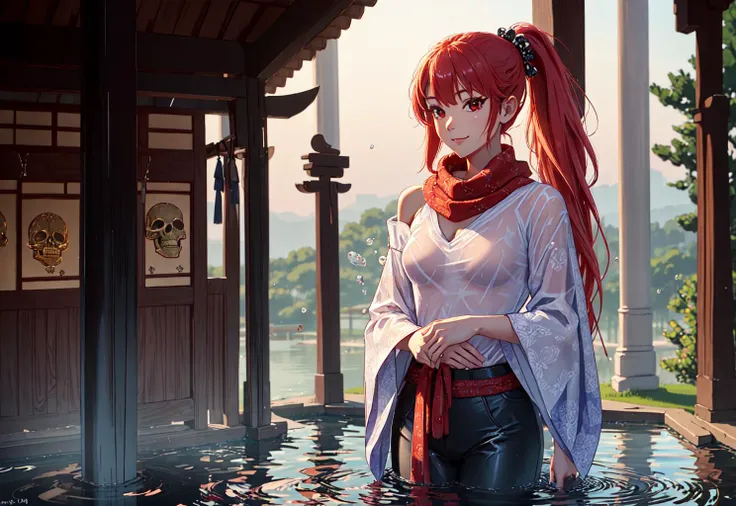 detailed intricate complex, (cowboy shot, standing:1.2), high quality, indoors, lifelike texture, cinematic lighting, photorealistic, (1girl, oni woman, small breasts, (prismatic holographic hyper detailed intricate complicated wecl, see-through shirt, pattern, red scarf, skull shoulder armor), stern smile, red eyes, (long white hair ponytail)), absurdres, on extremely detailed japanese shrine, torii gate, bubbling puddle, smoke, (best quality, sketch), <lora:wetClothesClothingStyle_v1:0.8>