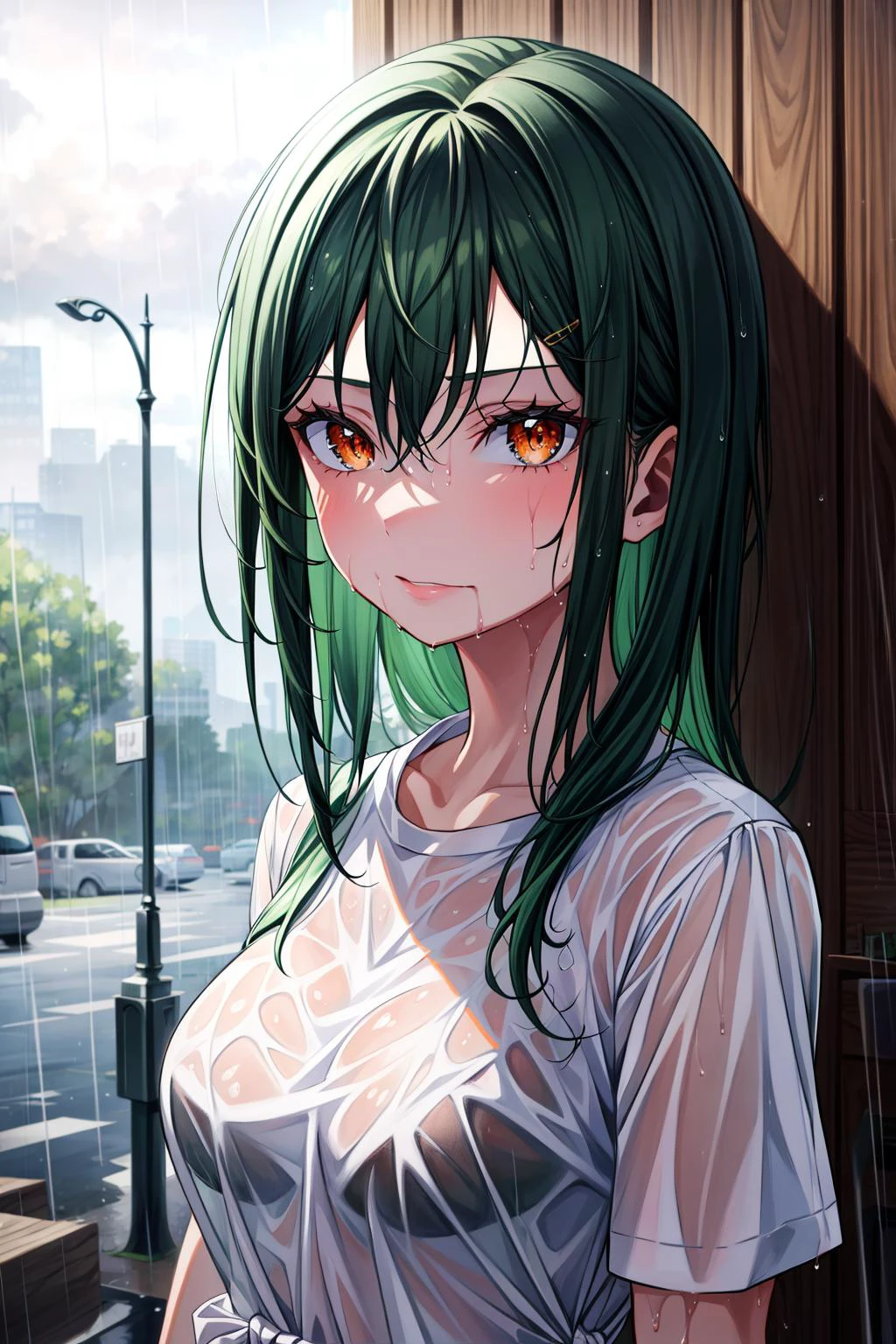 1girl, cruschnai, green hair, orange eyes, <lora:Crusch:0.7>, tied shirt, wecl, see-through, wet, wet hair, rain, looking at viewer, beautiful detailed face, <lyco:wet clothes:0.6>, <lora:add_detail:0.8>, ((masterpiece)), (best quality), 8k, ultra-detailed, absurdress IVE detailed trending on artstation, oil painting brush