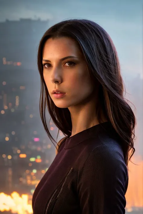 A full color portrait of a beautiful woman wearina a Cyberpunk attire, Blade Runner 2049 movie set,natural lighting,epic character composition,by ilya kuvshinov, alessio albi, nina masic,sharp focus, subsurface scattering, f2, 35mm, film grain <lora:AlexaTho:1>