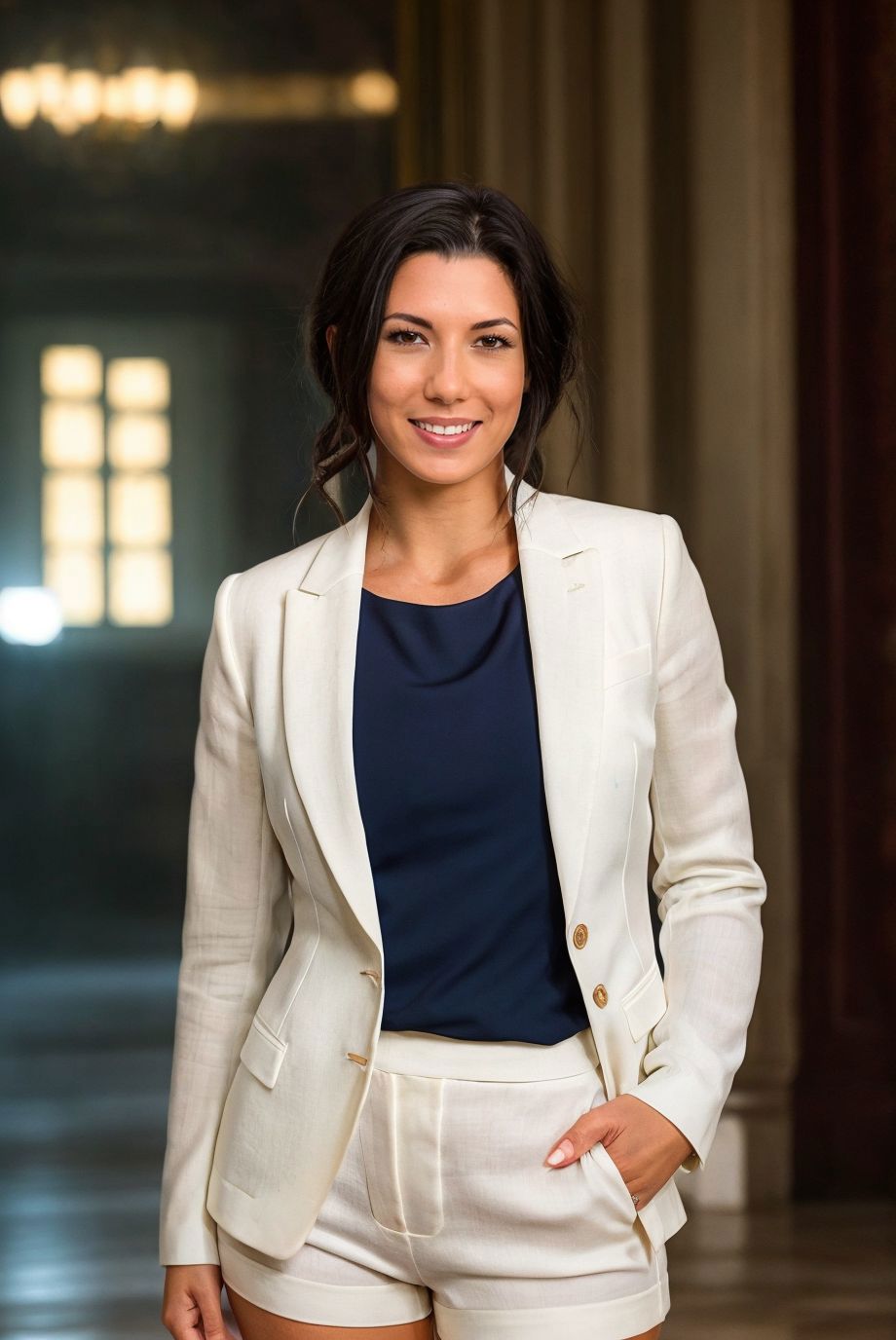 A woman in a white suit and blue top standing in a hallway - SeaArt AI