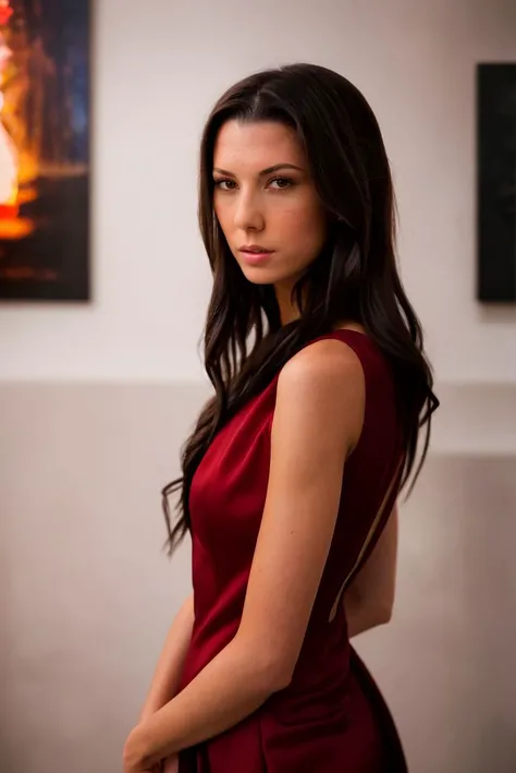 A full color portrait of a beautiful woman wearing a chic cocktail dress at a gallery opening,,epic character composition,by ilya kuvshinov, alessio albi, nina masic,sharp focus, subsurface scattering, f2, 35mm, film grain <lora:AlexaTho:1>