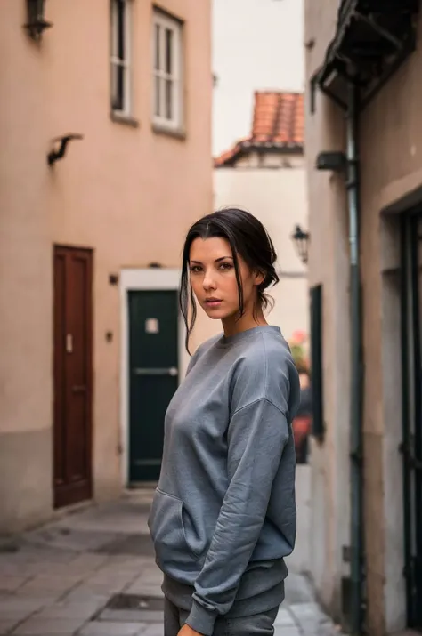 A woman standing on a sidewalk in a city street - SeaArt AI