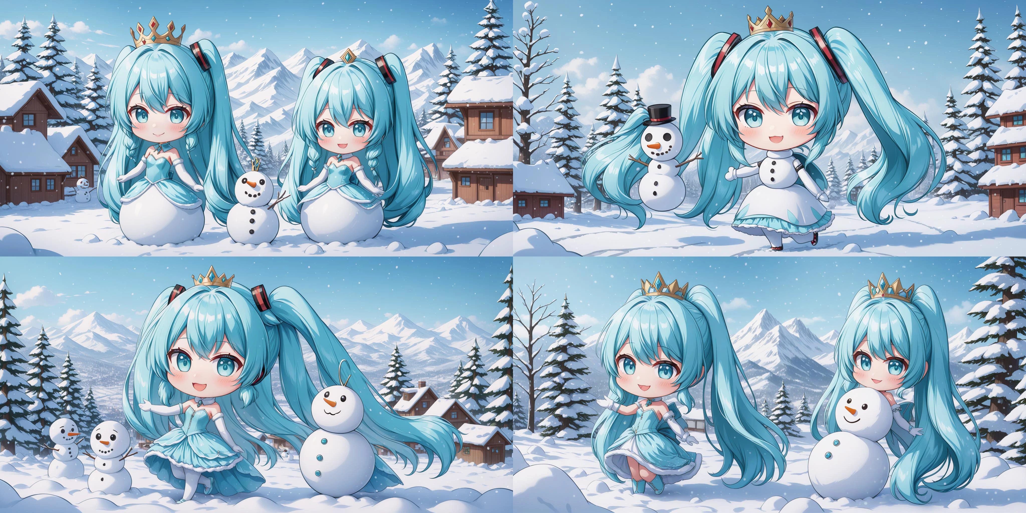 hatsune miku racing miku a cute 3d cartoon caricature cyber woman with light blue hair and hazel eyes wearing a cute princesse dress, fur, diamond, assymetrical, wavy white long straight hair with a cute anime face, cute smile, artstation, deviantart, realistic, 4k, snow, kawaii, detailed background, snow landscape, she build a snowman, play with snowman <lora:chibi-XL0.2:1> Chibi <lora:add-detail-xl:1> <lora:Cute_Emerald-V3:0.3>