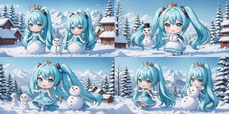 hatsune miku racing miku a cute 3d cartoon caricature cyber woman with light blue hair and hazel eyes wearing a cute princesse dress, fur, diamond, assymetrical, wavy white long straight hair with a cute anime face, cute smile, artstation, deviantart, realistic, 4k, snow, kawaii, detailed background, snow landscape, she build a snowman, play with snowman <lora:chibi-XL0.2:1> Chibi  <lora:add-detail-xl:1>  <lora:Cute_Emerald-V3:0.3>