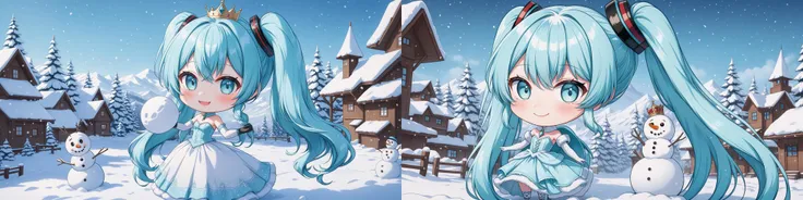 hatsune miku racing miku a cute 3d cartoon caricature cyber woman with light blue hair and hazel eyes wearing a cute princesse dress, fur, diamond, assymetrical, wavy white long straight hair with a cute anime face, cute smile, artstation, deviantart, realistic, 4k, snow, kawaii, detailed background, snow landscape, she build a snowman, play with snowman <lora:chibi-XL0.2:1> Chibi <lora:add-detail-xl:1> <lora:Cute_Emerald-V3:0.3>