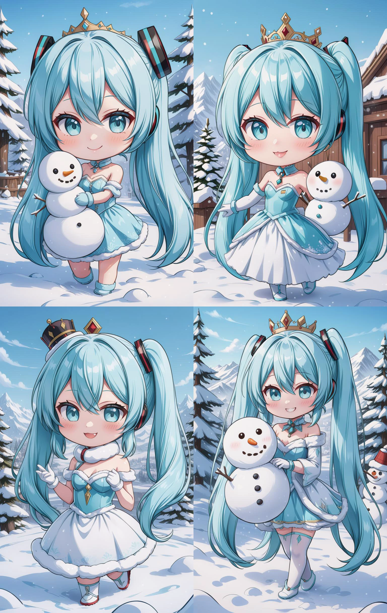 hatsune miku racing miku a cute 3d cartoon caricature cyber woman with light blue hair and hazel eyes wearing a cute princesse dress, fur, diamond, assymetrical, wavy white long straight hair with a cute anime face, cute smile, artstation, deviantart, realistic, 4k, snow, kawaii, detailed background, snow landscape, she build a snowman, play with snowman <lora:chibi-XL0.2:1> Chibi <lora:add-detail-xl:1> <lora:Cute_Emerald-V3:0.6>