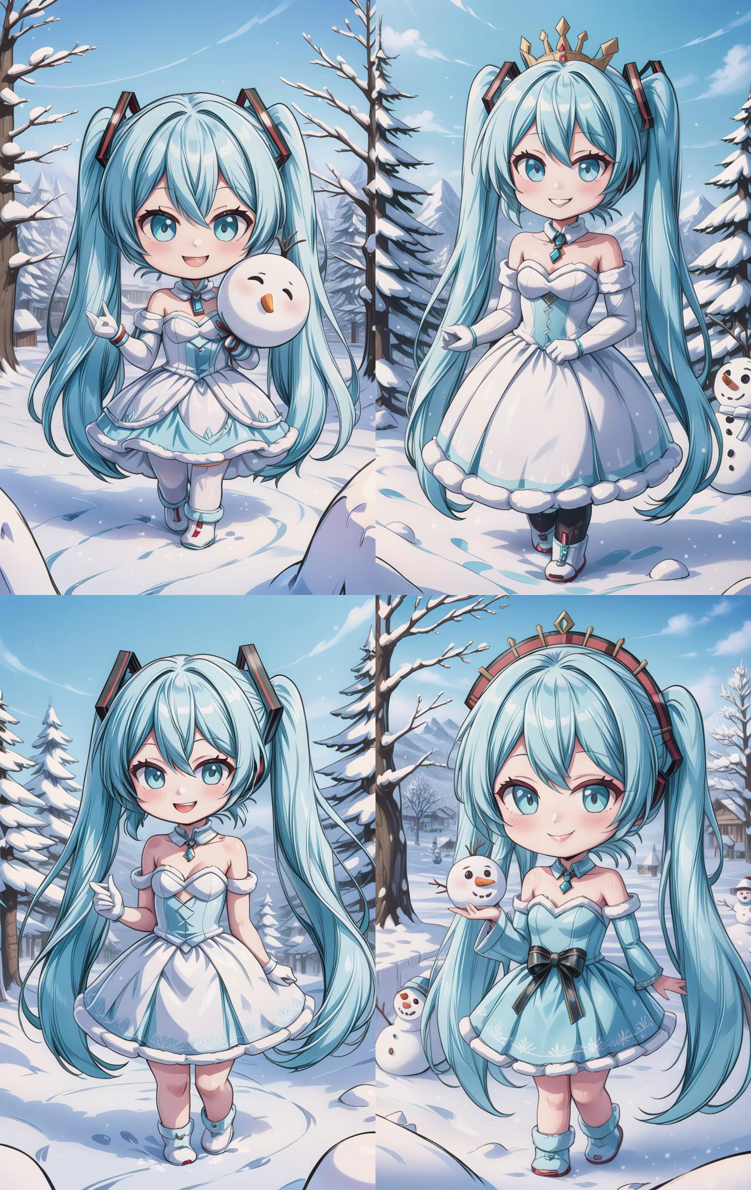 hatsune miku racing miku a cute 3d cartoon caricature cyber woman with light blue hair and hazel eyes wearing a cute princesse dress, fur, diamond, assymetrical, wavy white long straight hair with a cute anime face, cute smile, artstation, deviantart, realistic, 4k, snow, kawaii, detailed background, snow landscape, she build a snowman, play with snowman <lora:chibi-XL0.2:1> Chibi <lora:add-detail-xl:1> <lora:Cute_Emerald-V3:1>
