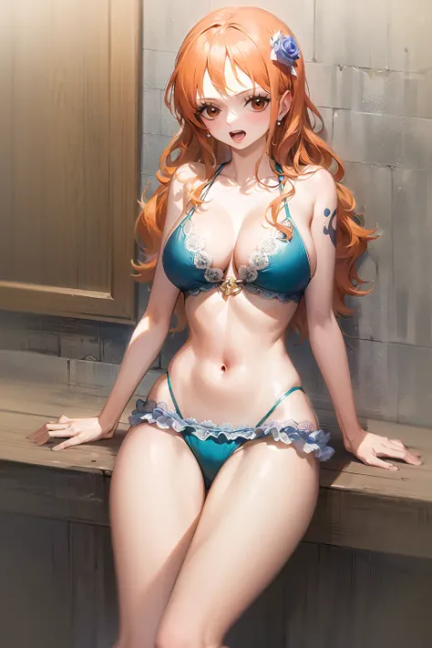 (bestquality,masterpiece) , NamiOP, solo, jewelry, cleavage, earrings, swimsuit, bikini, open_mouth, navel, bikini_top_only, hair_ornament, flower, hair_flower, underboob, bottomless, <lora:NamiOP:1.4>