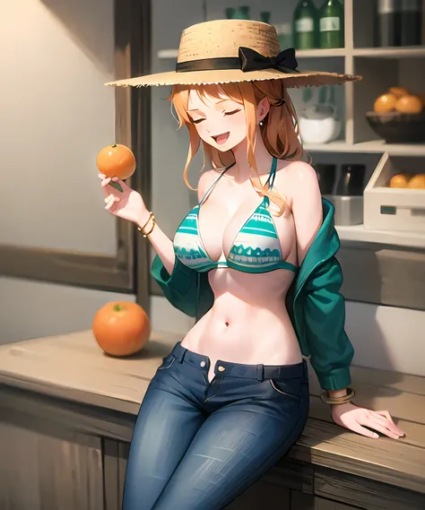 (bestquality,masterpiece) ,NamiOP, jewelry, smile, cleavage, earrings, swimsuit, bikini, open_mouth, bracelet, navel, collarbone, bikini_top_only, denim, pants, jeans, :d, groin, holding, closed_eyes, sitting, stomach, blue_pants, blurry_background, hat, solo_focus, blurry, food, fruit, orange_\(fruit\), holding_food, holding_fruit, mandarin_orange, straw_hat, <lora:NamiOP:1.4>