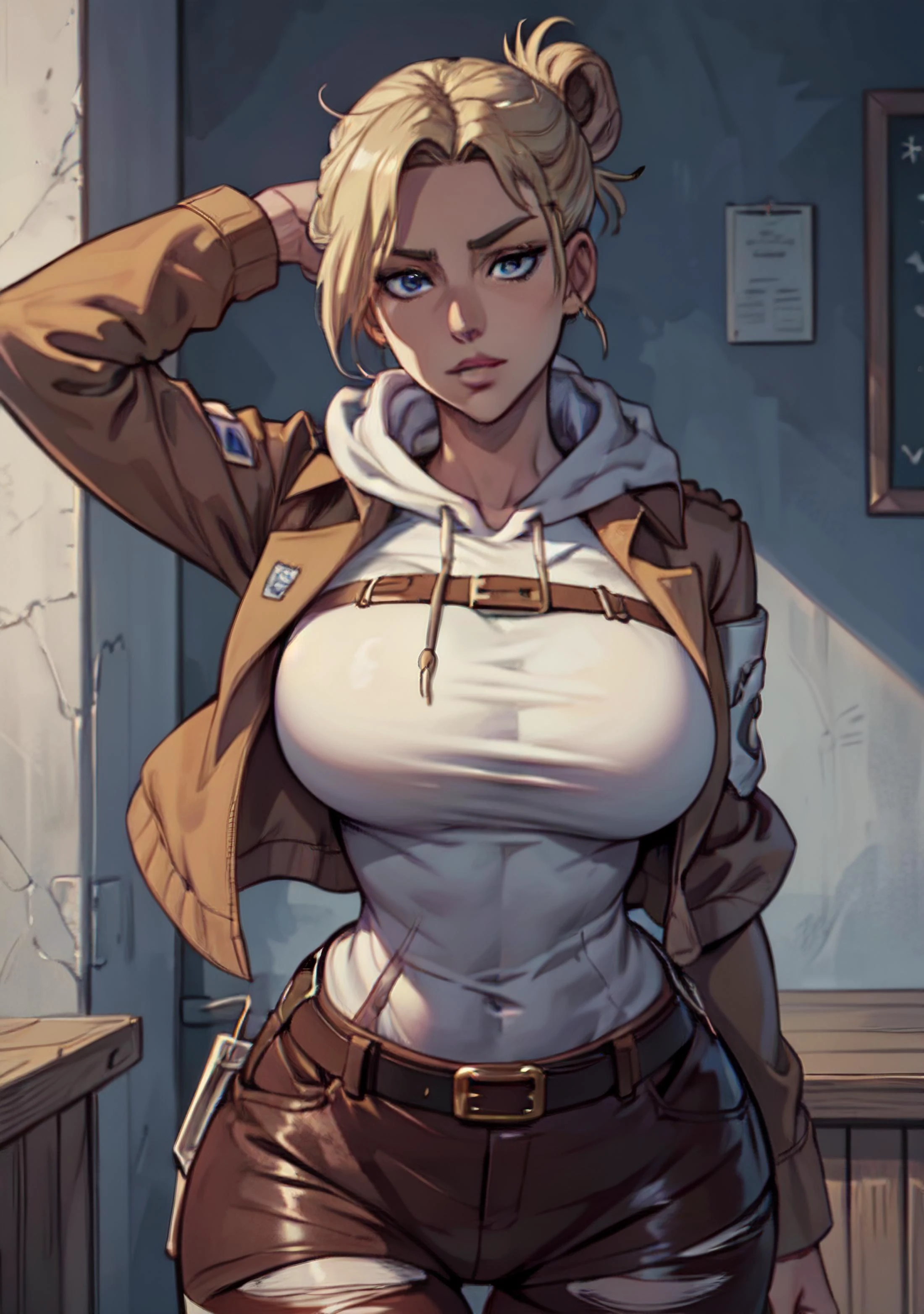 modern anime, (best quality, masterpiece, highest detailed),
lady, pretty face, big breasts,
<lora:th3p1t_v3:0.2> , th3p1t,
<lora:b1mb0_v3:0.2> , b1mb0,
<lora:Annie:0.6> , annie_leonhardt, blonde, hair bun, hood down, hoodie, brown jacket, paradis military uniform, straps, strips, belt, tight, wide hips,