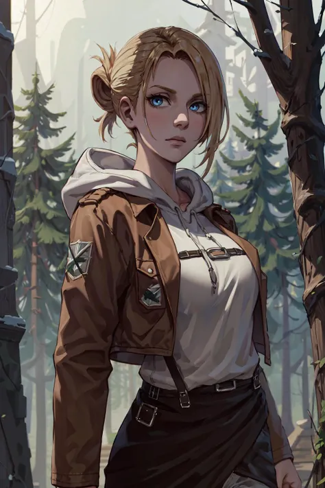 masterpiece, best quality, ultra-detailed, annie_leonhardt, 1girl, milf, mature face, thick, solo, long sleeves, jacket, open clothes, hood, open jacket, hoodie, hood down, brown jacket, white hoodie, paradis military uniform, forest background, volumetric lighting, intricate details, tonemapping, sharp focus, hyper detailed, trending on Artstation <lora:Annie:1>