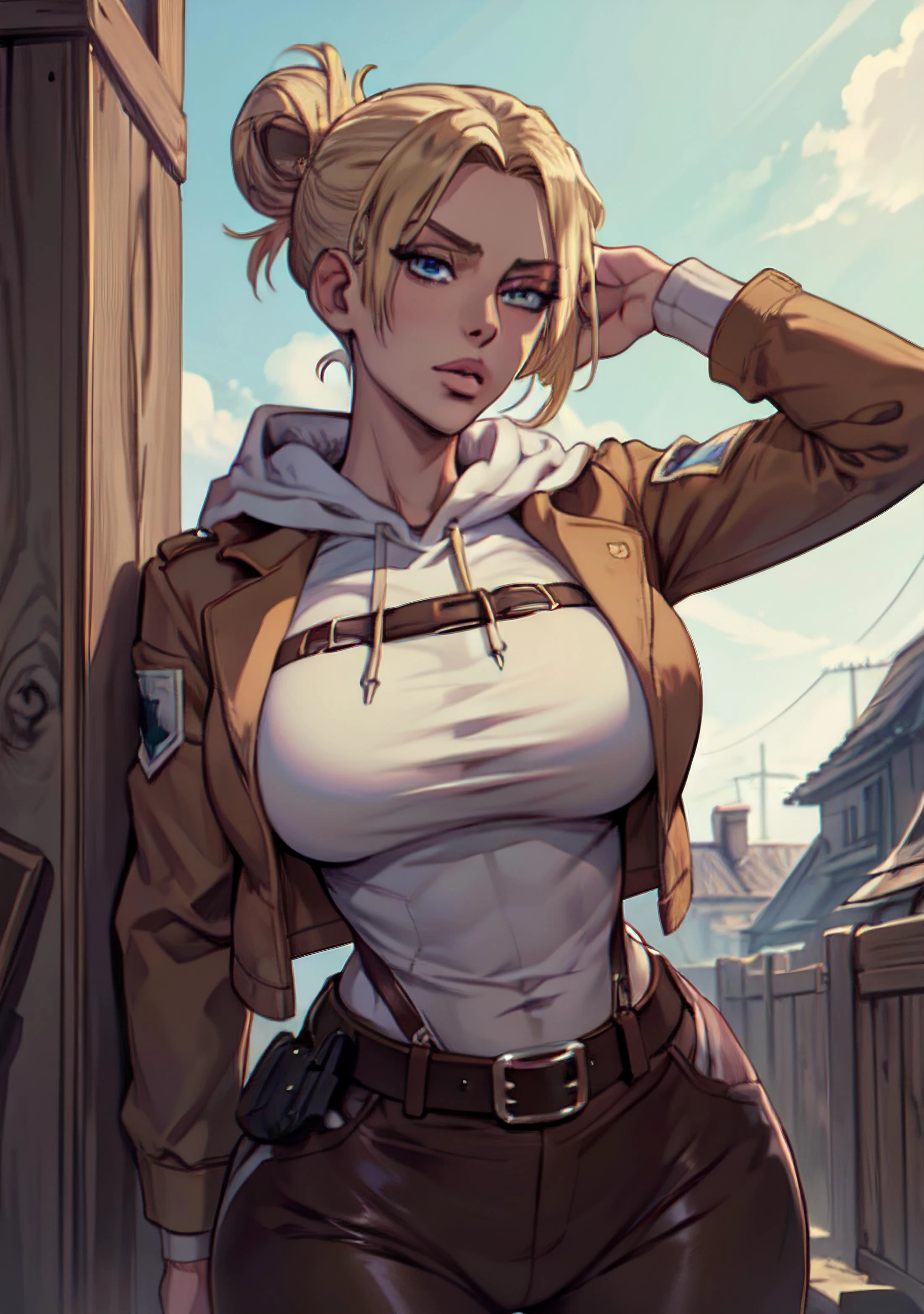 modern anime, (best quality, masterpiece, highest detailed),
lady, pretty face, big breasts,
<lora:th3p1t_v3:0.2> , th3p1t,
<lora:b1mb0_v3:0.2> , b1mb0,
<lora:Annie:0.6> , annie_leonhardt, blonde, hair bun, hood down, hoodie, brown jacket, paradis military uniform, straps, strips, belt, tight clothes, wide hips,