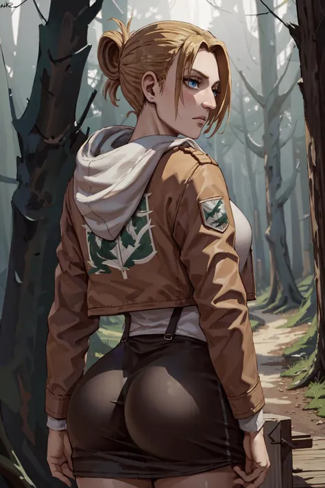 masterpiece, best quality, ultra-detailed, annie_leonhardt, 1girl, milf, mature face, thick, solo, long sleeves, jacket, open clothes, hood, open jacket, hoodie, hood down, brown jacket, white hoodie, paradis military uniform, forest background, volumetric lighting, intricate details, tonemapping, sharp focus, hyper detailed, trending on Artstation <lora:Annie:1>, back view, ass