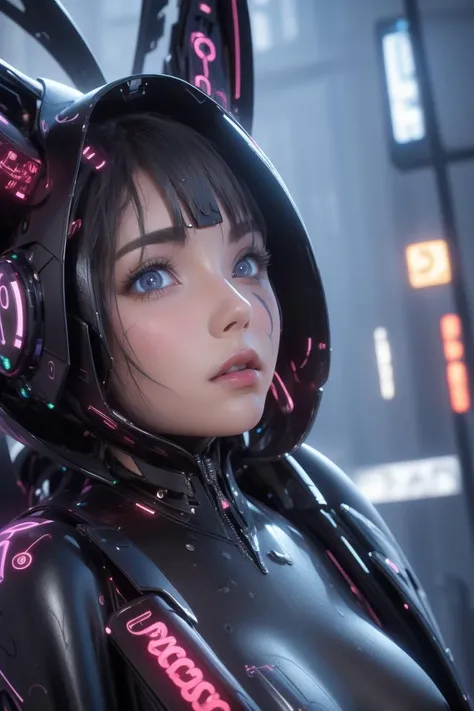 A closeup of a cute robotic mixed organic mech anime girl in an extremely detailed futuristic cyberpunk outfit with a gun, biomechanical oppai, wlop, sci-fi aesthetic by H.R Giger style, 8k high quality detailed artwork, perfect, developed by Unreal Engine 5, Ultra Sharp Focus, Art by Alberto Seveso, vibrant & intricate Artwork, pearly perfect tanned wet skin with pores (short bob cut hair with colorful bangs fringes) ((perfect face shapes, complete perfect red lips, perfect nose, correct beautiful eyes, eyelashes, detailed intricate iris textured face in ZBrush))