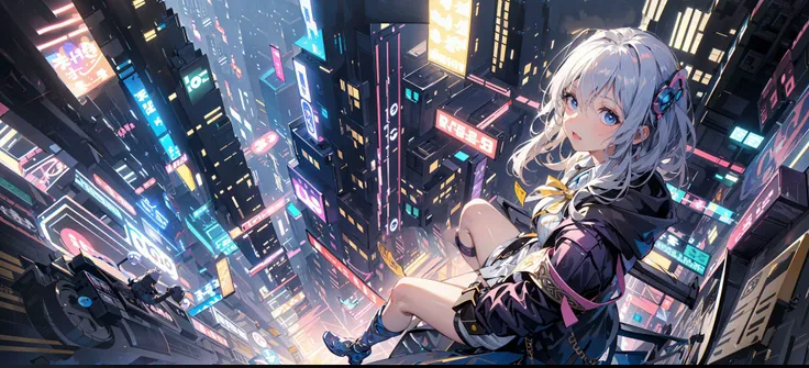 (masterpiece:1.2), best quality,realistic,Elaina,
Cyberworld,1girl, letterboxed, solo, white hair, scenery, short hair, jacket, science fiction, holding, holographic interface, city, blue jacket, gloves, city lights, long sleeves, looking up, cityscape, boots, building, night, from above