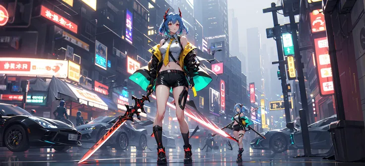 (masterpiece:1.2), best quality,realistic,
Cyberworld,ch'en (arknights), hoshiguma (arknights), horns, multiple girls, jacket, shorts, weapon, single horn, dragon horns, long hair, sword, tail, blue hair, green hair, holding, shirt, short shorts, swire (arknights), letterboxed, holding weapon, white shirt, black jacket, standing, city, gloves, dragon tail, necktie, oni horns, 3girls, holding sword, black shorts, sleeveless, red eyes, building, thighs, shin guards, black footwear, black gloves, copyright name, skyscraper, boots, off shoulder, open clothes, cityscape, bare shoulders, neon lights, open jacket, blonde hair, sleeveless shirt, yellow necktie, dual wielding, fingerless gloves, navel, outdoors
<lora:Cyberworld_20230622141420-000018:0.8>
