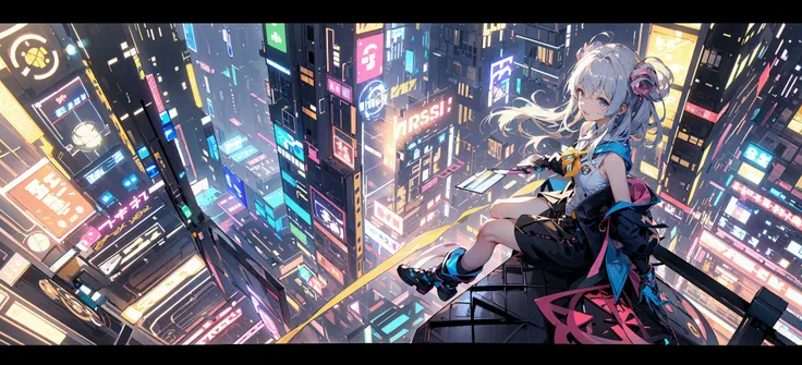 (masterpiece:1.2), best quality,realistic,Elaina,
Cyberworld,1girl, letterboxed, solo, white hair, scenery, short hair, jacket, science fiction, holding, holographic interface, city, blue jacket, gloves, city lights, long sleeves, looking up, cityscape, boots, building, night, from above