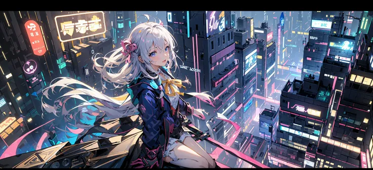 (masterpiece:1.2), best quality,realistic,Elaina,
Cyberworld,1girl, letterboxed, solo, white hair, scenery, short hair, jacket, science fiction, holding, holographic interface, city, blue jacket, gloves, city lights, long sleeves, looking up, cityscape, boots, building, night, from above