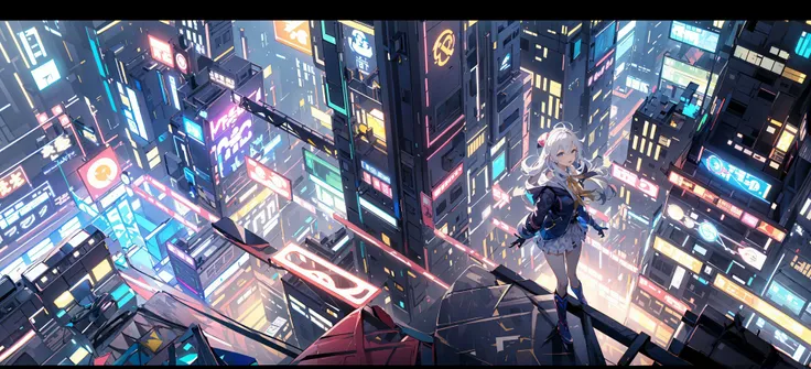 (masterpiece:1.2), best quality,realistic,Elaina,
Cyberworld,1girl, letterboxed, solo, white hair, scenery, short hair, jacket, science fiction, holding, holographic interface, city, blue jacket, gloves, city lights, long sleeves, looking up, cityscape, boots, building, night, from above